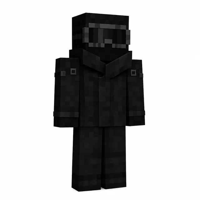 Black stealth Minecraft skin with high-collar jacket and dark visor, front view.