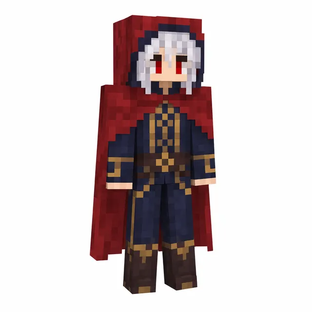 Minecraft skin of hooded character in red cape, navy outfit with gold trim, white hair, and red eyes, standing front-facing.