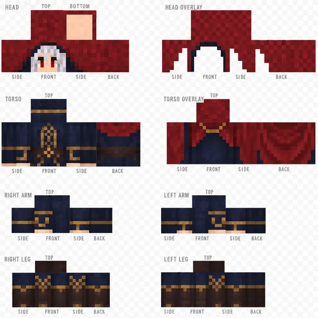 Minecraft skin with navy coat, gold trim, red cape, and wide‑brim hat in HD shading.
