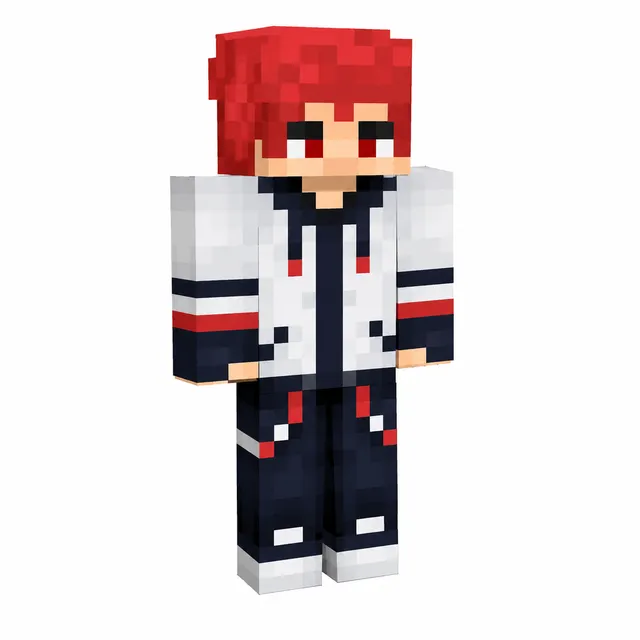 Minecraft skin with red hair, white hoodie, and navy pants with red accents, shown in 3D on a white background
