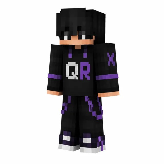 Black and purple Minecraft skin with hoodie, QR letters, techwear straps, and sneakers, 3D render on white.