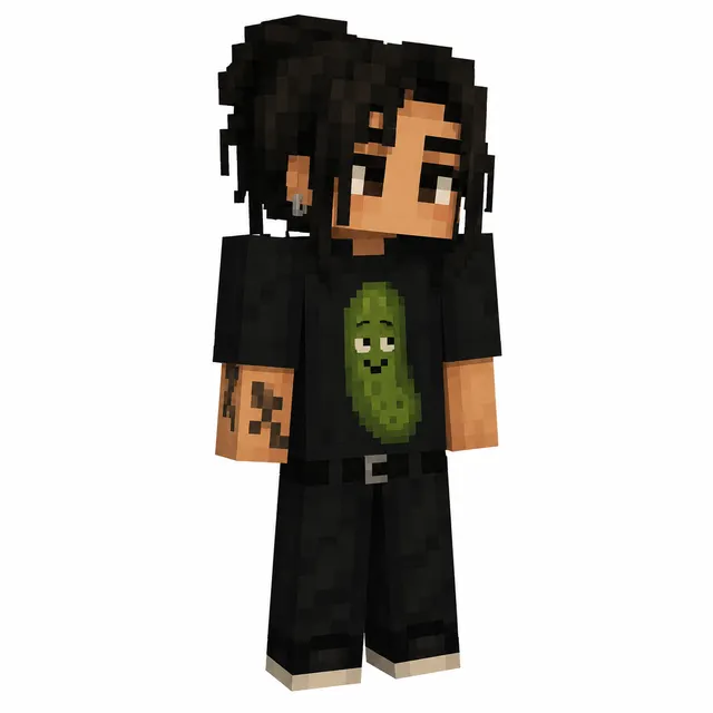 Minecraft skin in black streetwear with pickle T-shirt, dreadlock bun, earrings, and arm tattoo.