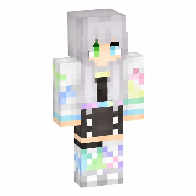 Voxel Minecraft skin with lilac hair, white jacket, dark outfit, and pastel rainbow accents.