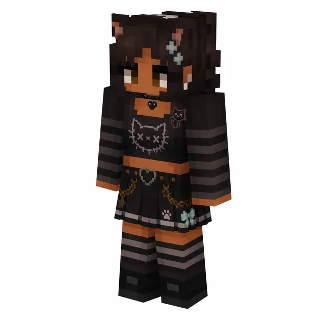 Goth catgirl Minecraft skin with black crop top, chains, and striped sleeves in a three-quarter pose.