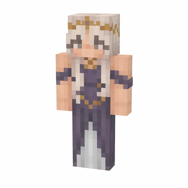 Minecraft skin of a princess in a purple gown, white hair, and gold circlet on a white background