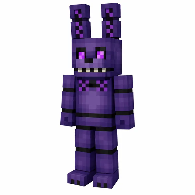 Purple animatronic bunny Minecraft skin with glowing eyes and tall ears, three-quarter view on white background.