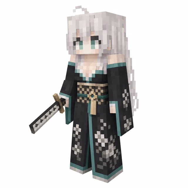 Minecraft skin of silver-haired samurai in black kimono with teal trim, floral details, and katana.