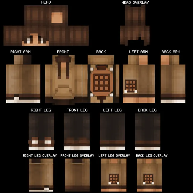 Brown hoodie Minecraft skin template with crafting table backpack and dark pants.