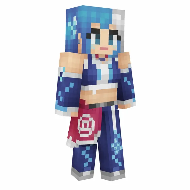 Blue-haired Minecraft skin with white streak, navy outfit, snowflake accents, and red sash on white background.