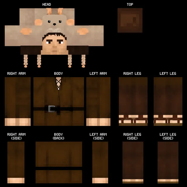 Medieval Minecraft skin with brown tunic, belt, braids, and a sheep pelt hood on a 64x64 template.