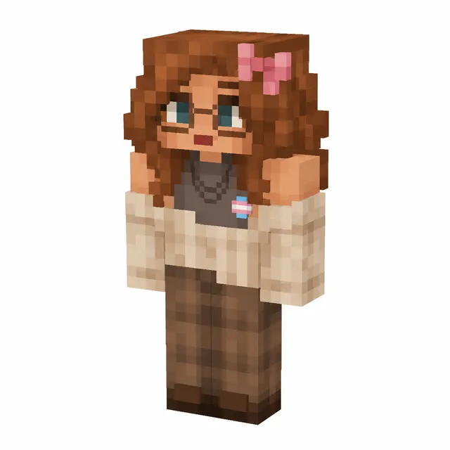 Minecraft skin of a cozy character with brown hair, glasses, pink bow, beige cardigan, and brown pants, shown in a 3/4 view.