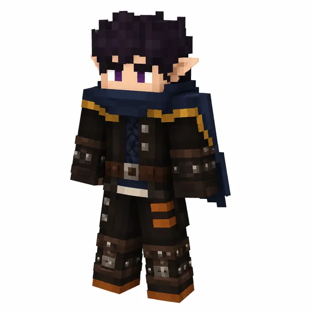 Minecraft skin of a dark elf rogue wearing leather armor and a blue cape, purple hair and eyes, 3/4 view on white background.