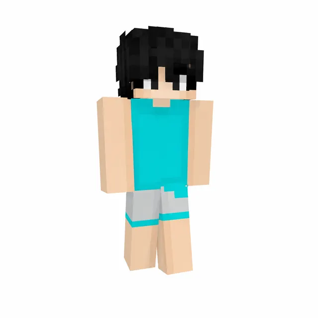 Minecraft skin with black hair, teal tank top, and gray shorts with teal trim on a white background.