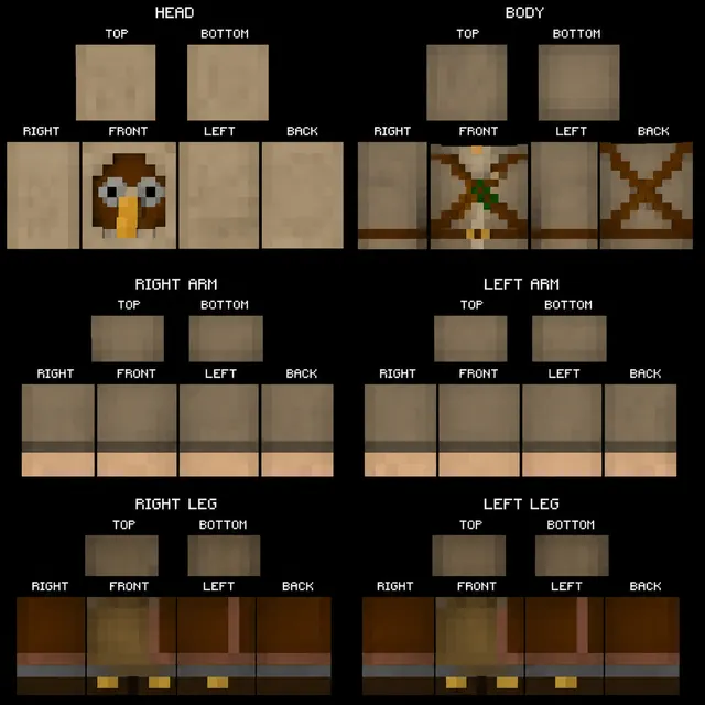 Minecraft skin template of a plague doctor with beaked mask, leather straps, and brown boots on a tan base.