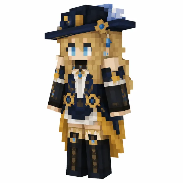 Blue-and-gold fantasy mage Minecraft skin with hat, long blonde hair, and ornate boots in a three-quarter view render.