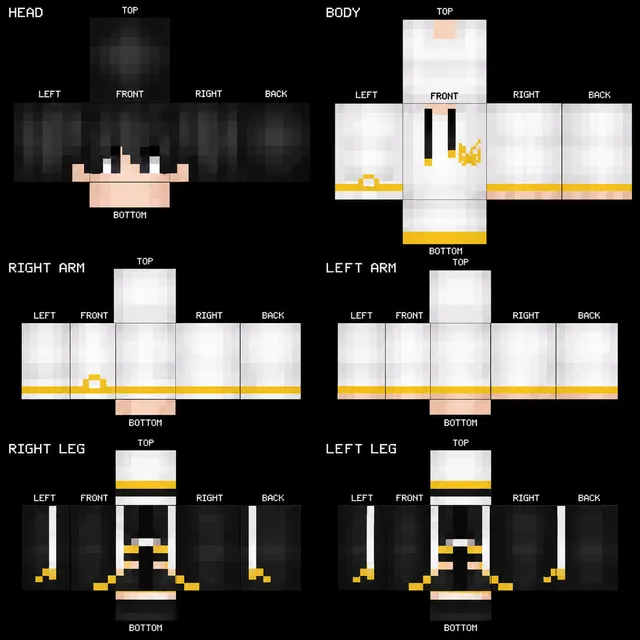 White and gold Minecraft skin template with long black hair on a labeled 64x64 texture map.