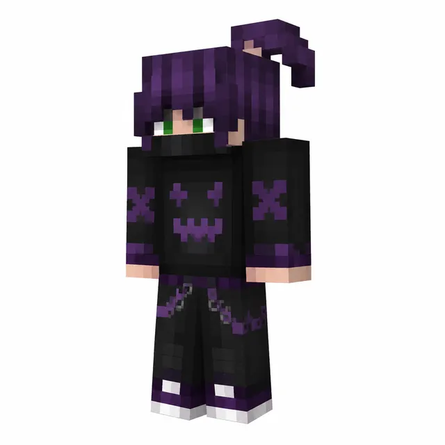 Minecraft skin with purple hair, black hoodie with purple grin, mask, chains, and purple-accented pants.