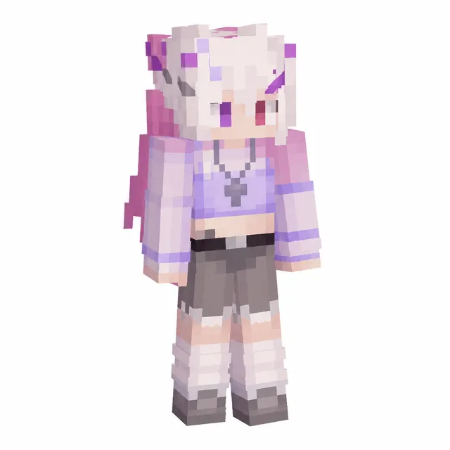 Pastel pink-and-lavender Minecraft skin with white hair, crop top, gray shorts, and thigh-high socks on a white background.