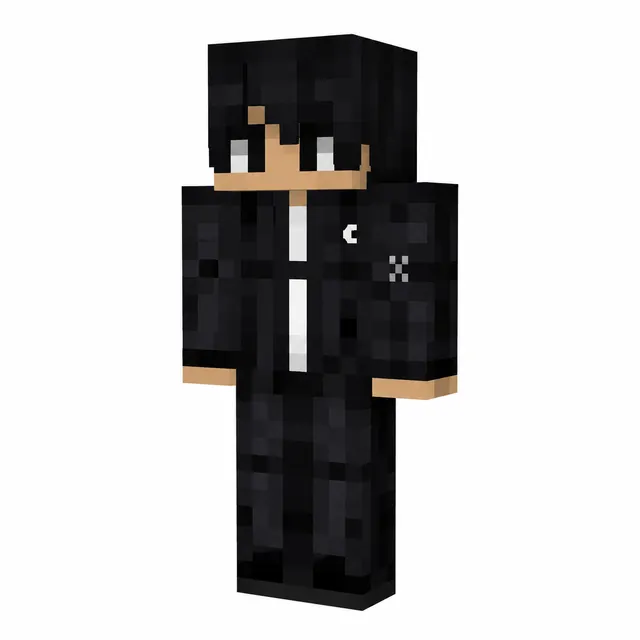 Black-haired Minecraft skin in a black techwear hoodie and pants, 3D view on white background.