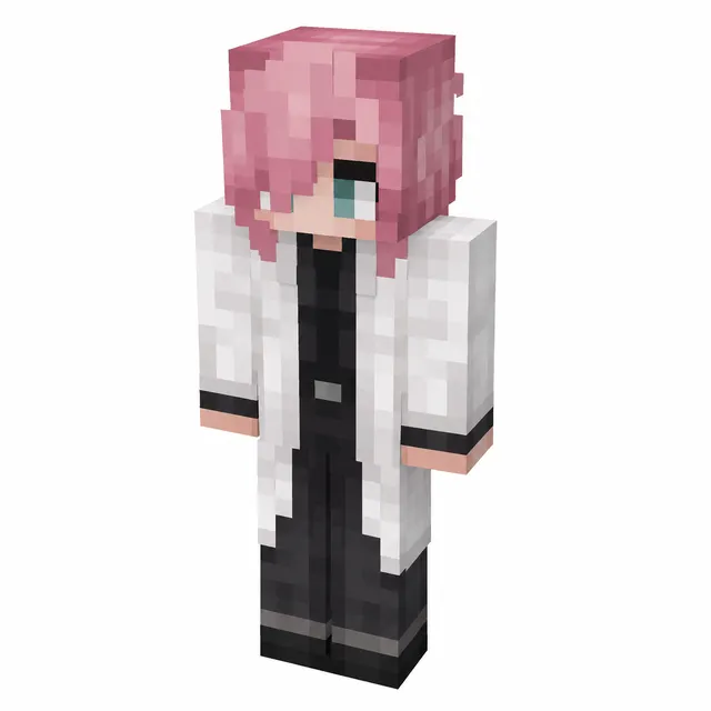 Minecraft skin of pink-haired character in white lab coat and black outfit, three-quarter view.