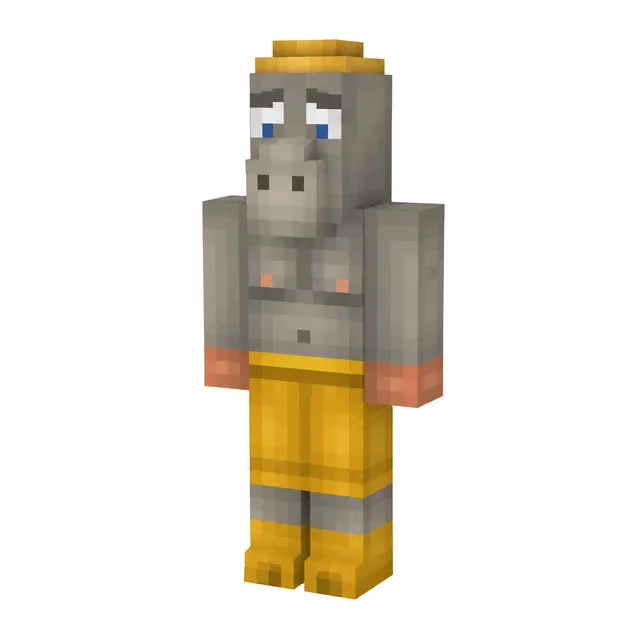 Minecraft hippo skin with gray body, blue eyes, and yellow pants in a neutral standing pose on a white background.