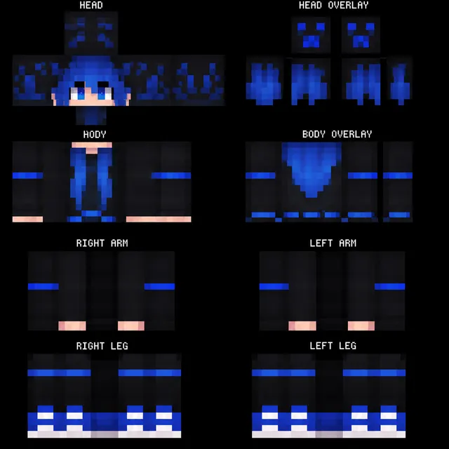 Neon blue cyberpunk Minecraft skin template with hoodie, mask, and glowing accents