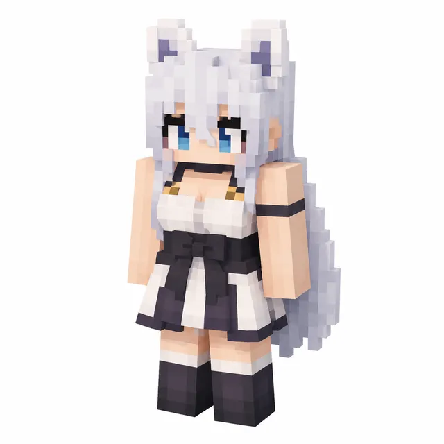 White-haired catgirl Minecraft skin in black-and-white maid dress with blue eyes, long hair, and bow, 3/4 view on white.