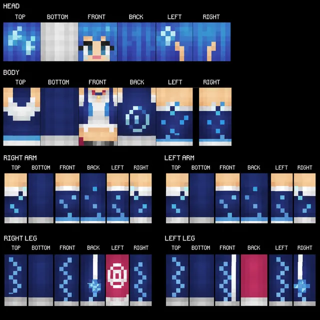 Blue-haired fantasy Minecraft skin with navy outfit, white trim, sparkles, and star details on head and legs