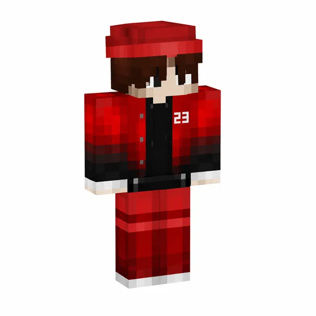 Minecraft skin with red 23 jacket, beanie, black shirt, and red pants in 3D preview