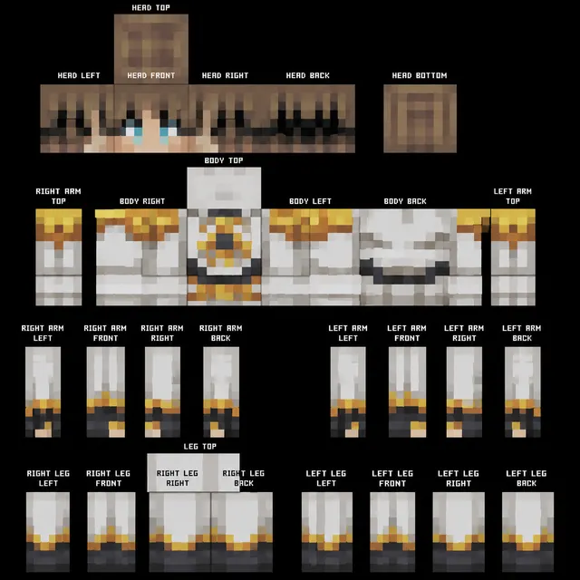 White and gold paladin Minecraft skin template with sun emblem and brown hair