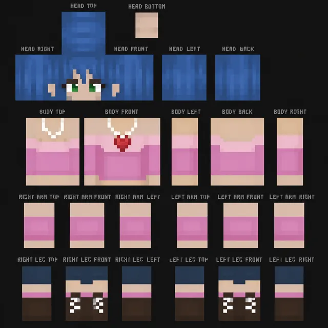 Minecraft skin template of a blue-haired girl with green eyes, pink sweater, heart pendant, blue shorts, and brown lace-up boots.