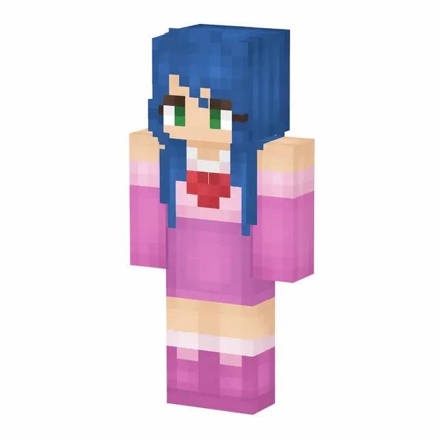 Minecraft skin of a girl in a pink dress with long blue hair, green eyes, and a red heart detail on a white background.