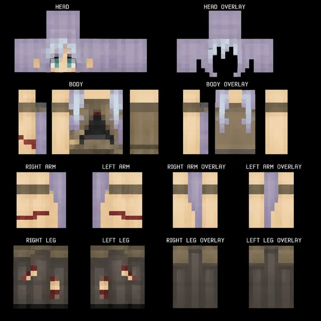 Minecraft skin with lavender hair, teal eyes, brown adventurer outfit, and red accents.