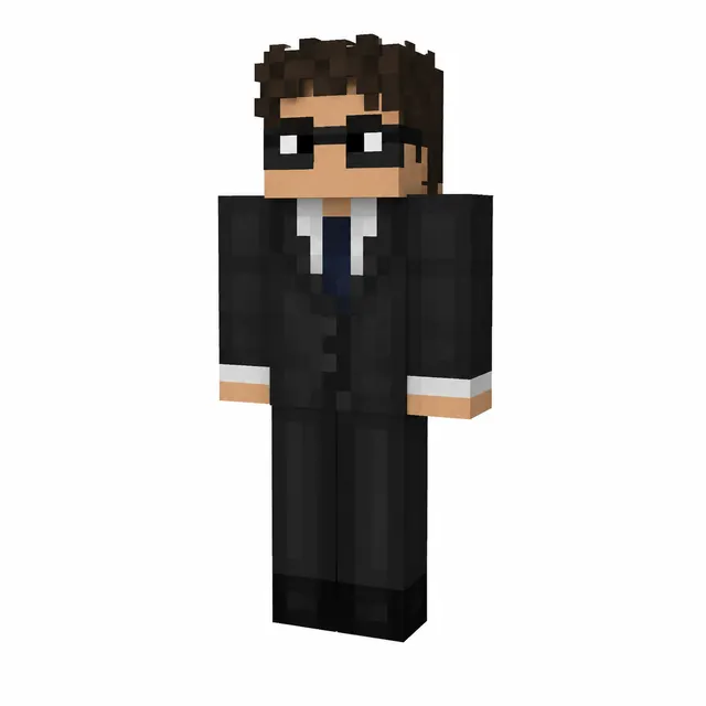Minecraft skin in a black suit with navy tie and dark glasses, three-quarter view.