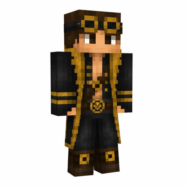 Minecraft steampunk explorer skin with black-and-gold coat and goggles.