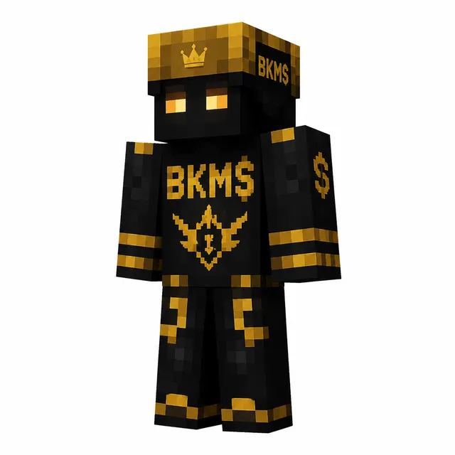 Black and gold Minecraft skin with crown cap, BKMS logo, gold accents, and glowing eyes in 3D preview.