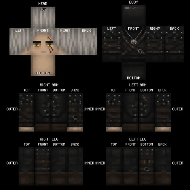 Witcher-inspired Minecraft skin template with white hair, yellow eyes, facial scar, and dark studded leather armor with wolf medallion.