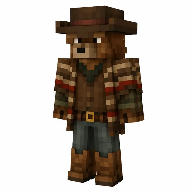 Anthro bear cowboy Minecraft skin with hat, striped poncho, belt, and boots on white background