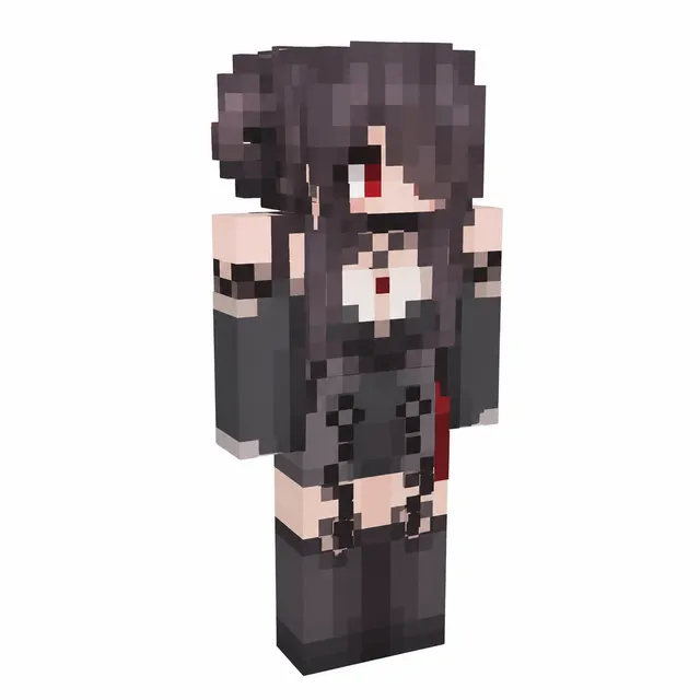 Gothic anime girl Minecraft skin with long dark hair, red eye, and black outfit with chains in three-quarter view.