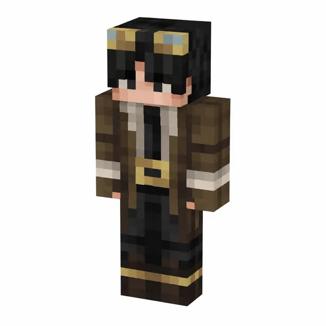 Steampunk Minecraft skin with brown coat, gold accents, and head goggles in three-quarter view
