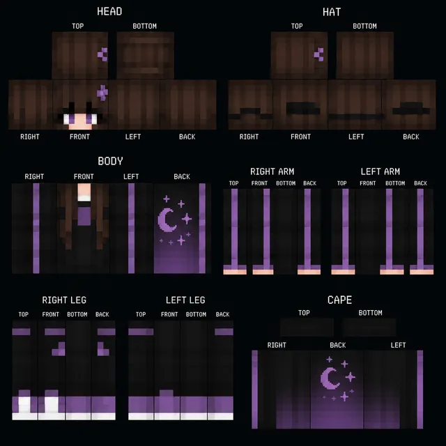 Minecraft skin template of a purple moon-themed character with long brown hair, flower clip, dark robe, and crescent cape.