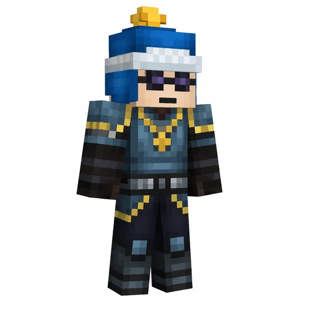 Minecraft skin of blue-capped character in dark teal armor with gold accents and visor shades
