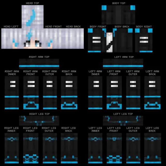 Minecraft skin template: black techwear with cyan neon accents, silver hair, blue streak, white sleeve bars