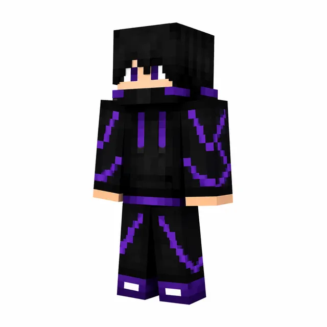 Black and purple hoodie Minecraft skin with masked ninja look in three-quarter view on white background.