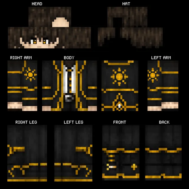 Black and gold Minecraft skin with sun symbols, brown hair, and an ornate arcane coat shown in parts layout.