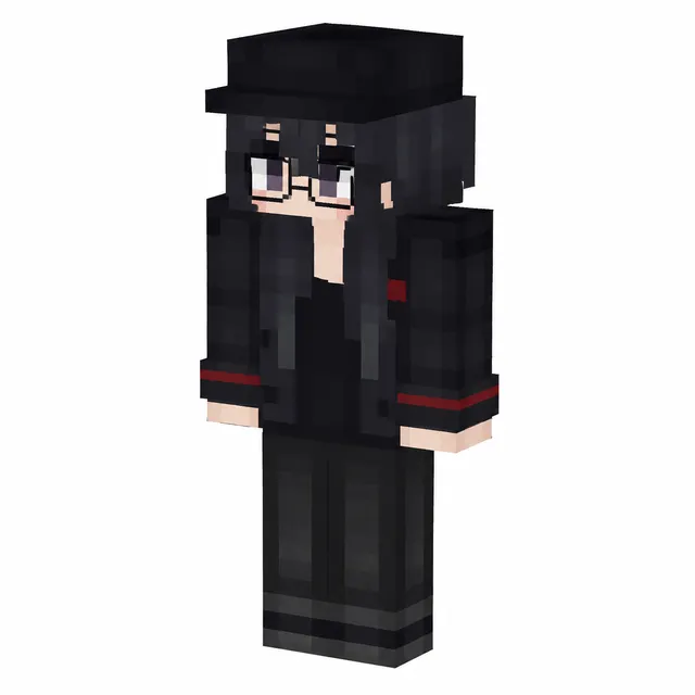 Minecraft skin: dark streetwear character with cap, glasses, long dark hair, black jacket with red cuffs, and black pants.