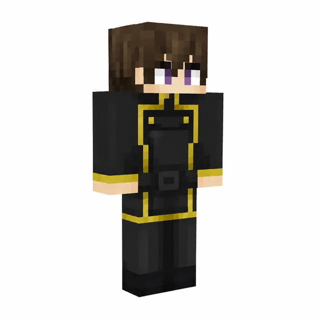 Minecraft skin with black uniform, gold trim, brown hair, and purple eyes shown in a 3D front-angle render.