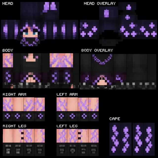 Black and purple Minecraft skin sheet with masked character, long violet hair, lace details, and a matching floral cape.