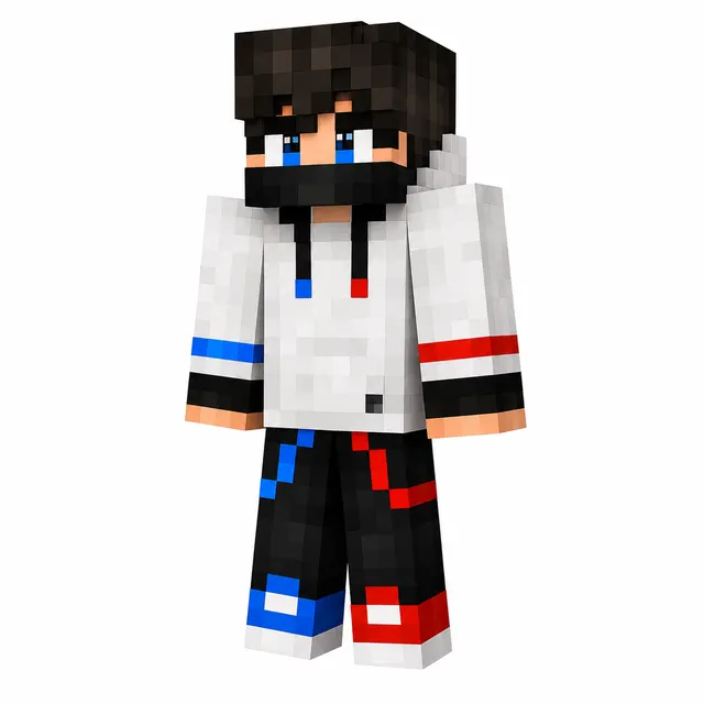 Minecraft skin with white hoodie, black mask, and red/blue asymmetric details on sleeves, pants, and shoes.