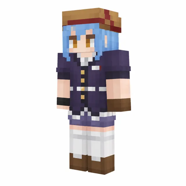 Blue-haired Minecraft skin in navy jacket with tan cap, white socks, and brown boots, 3D render on white background.